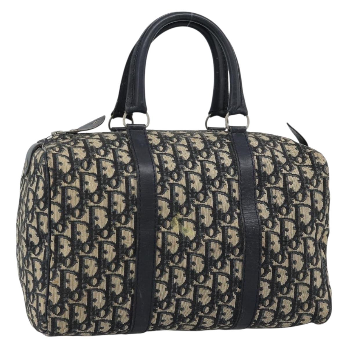 Christian Dior Trotter Canvas Boston Bag Navy Silver Auth 185650