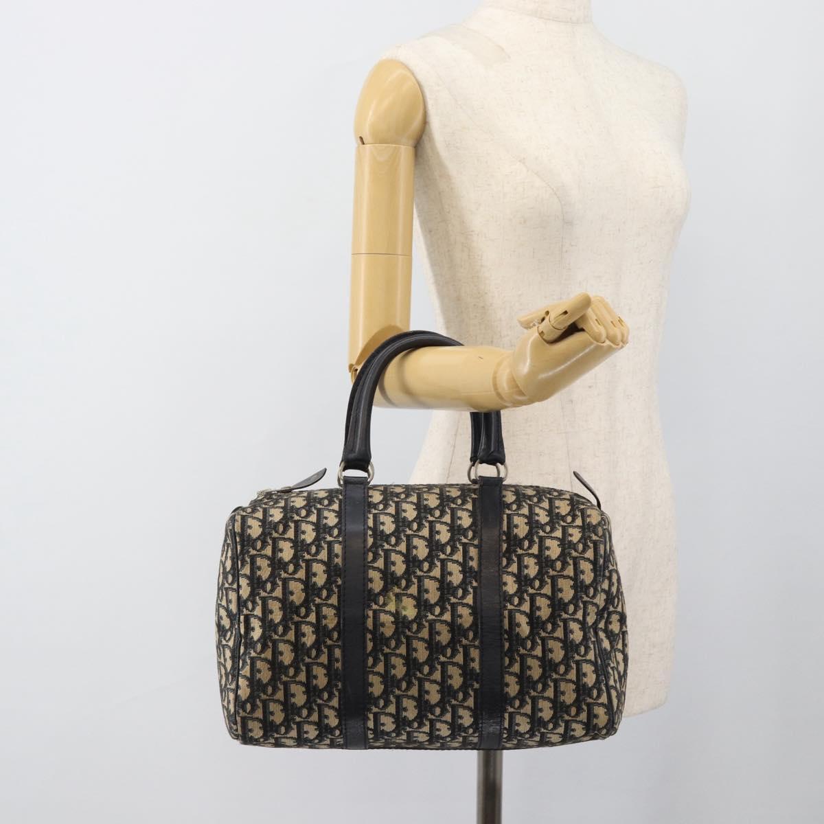 Christian Dior Trotter Canvas Boston Bag Navy Silver Auth 185650