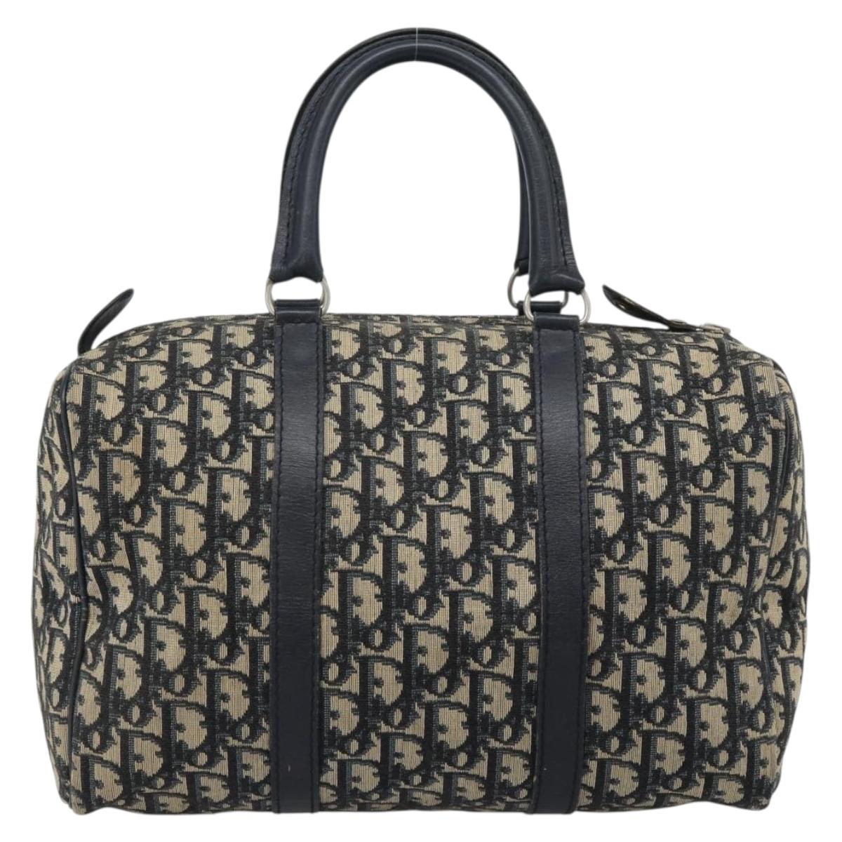 Christian Dior Trotter Canvas Boston Bag Navy Silver Auth 185650