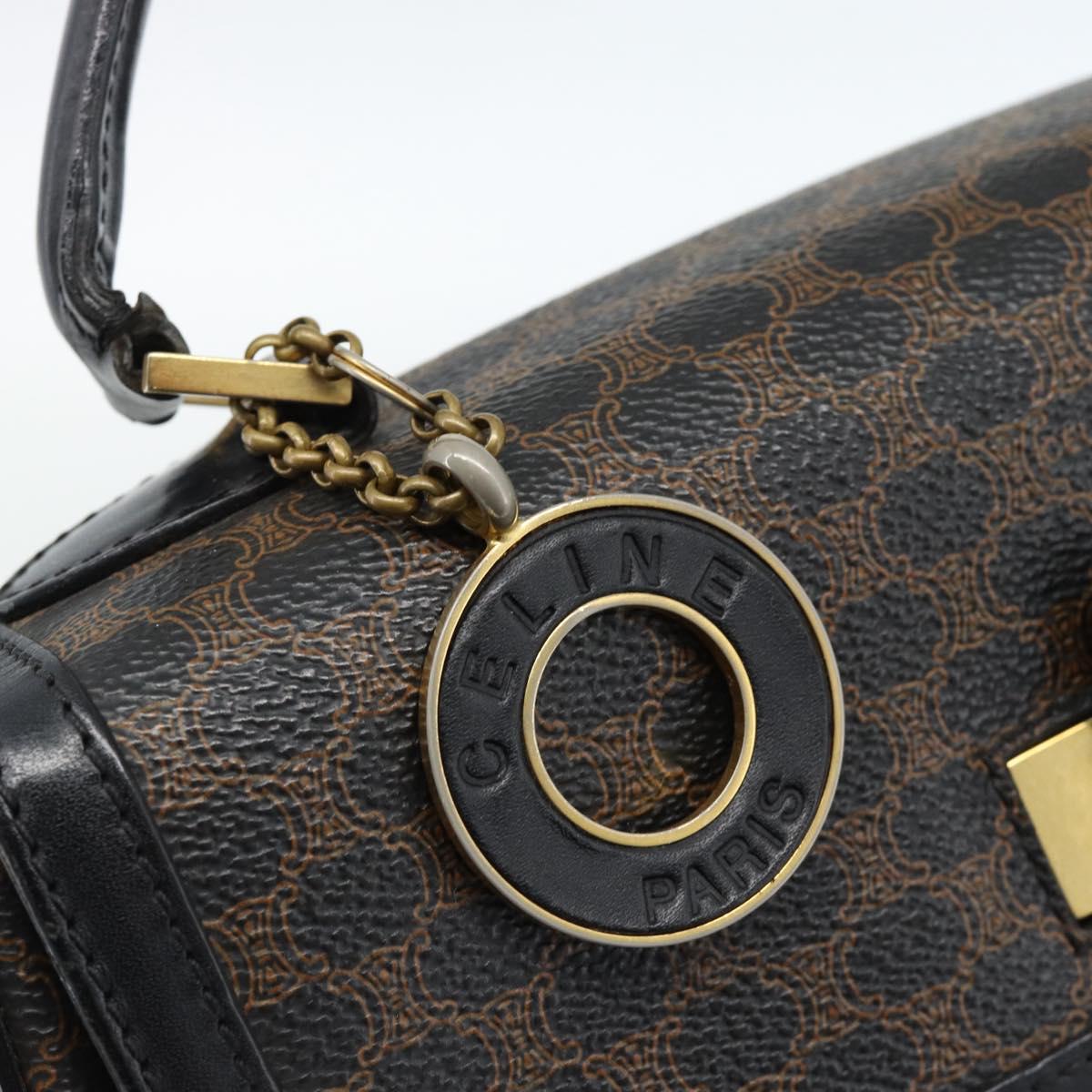 CELINE Macadam Canvas Circle Hand Bag PVC Leather Black Gold Auth 185653A