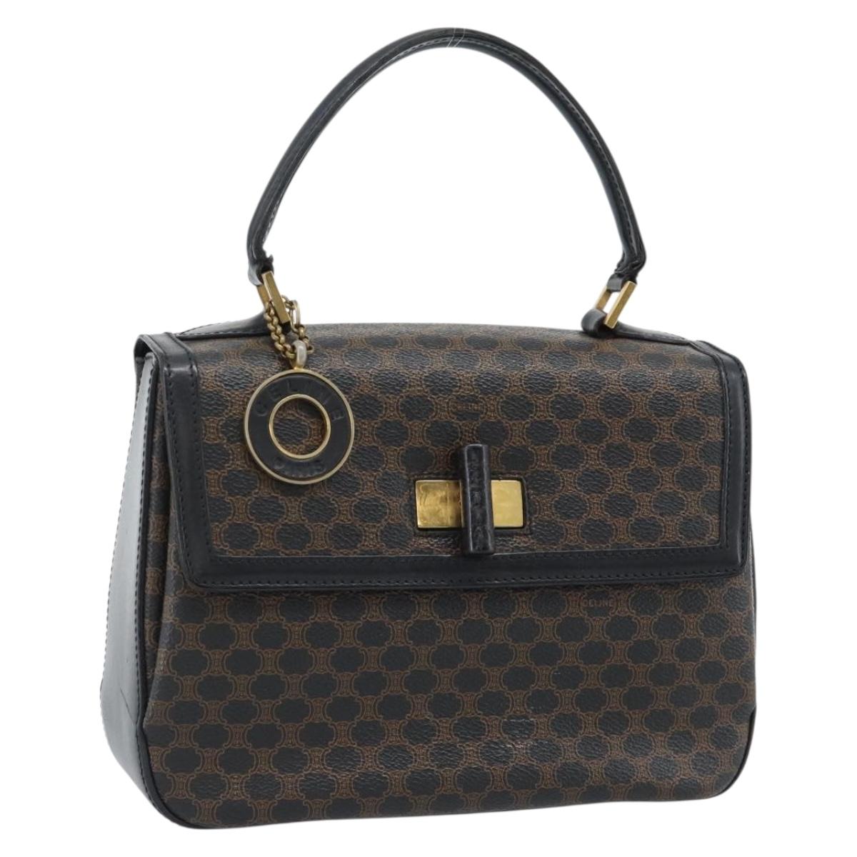 CELINE Macadam Canvas Circle Hand Bag PVC Leather Black Gold Auth 185653A