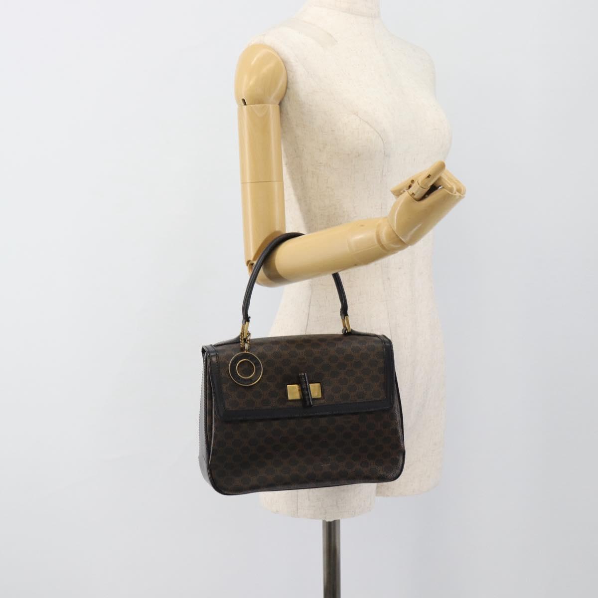 CELINE Macadam Canvas Circle Hand Bag PVC Leather Black Gold Auth 185653A