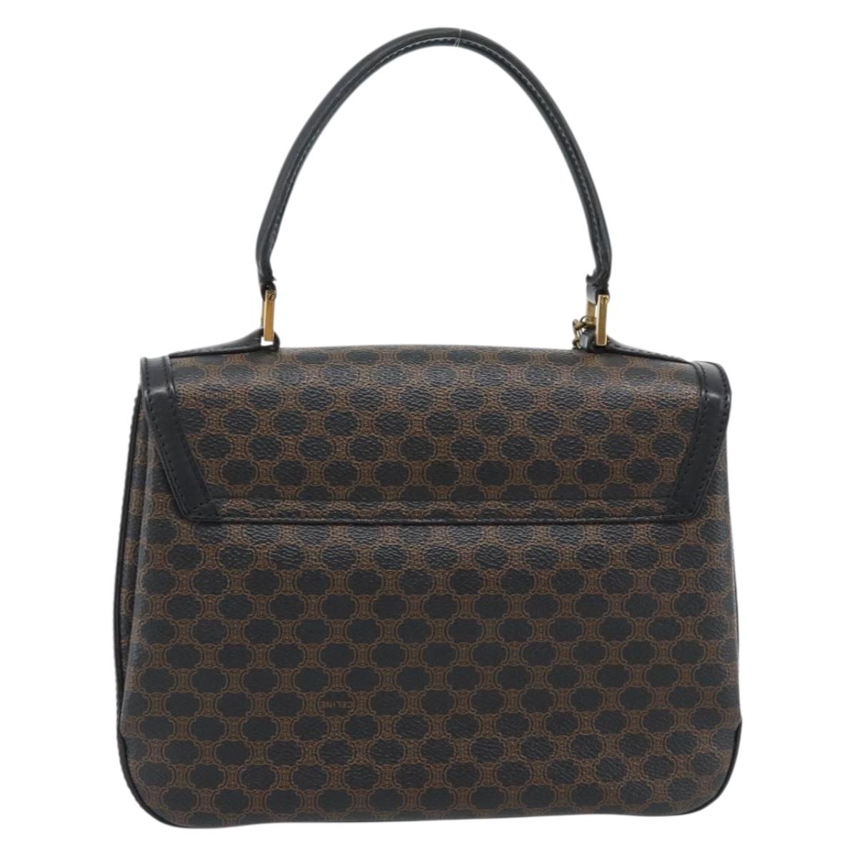 CELINE Macadam Canvas Circle Hand Bag PVC Leather Black Gold Auth 185653A