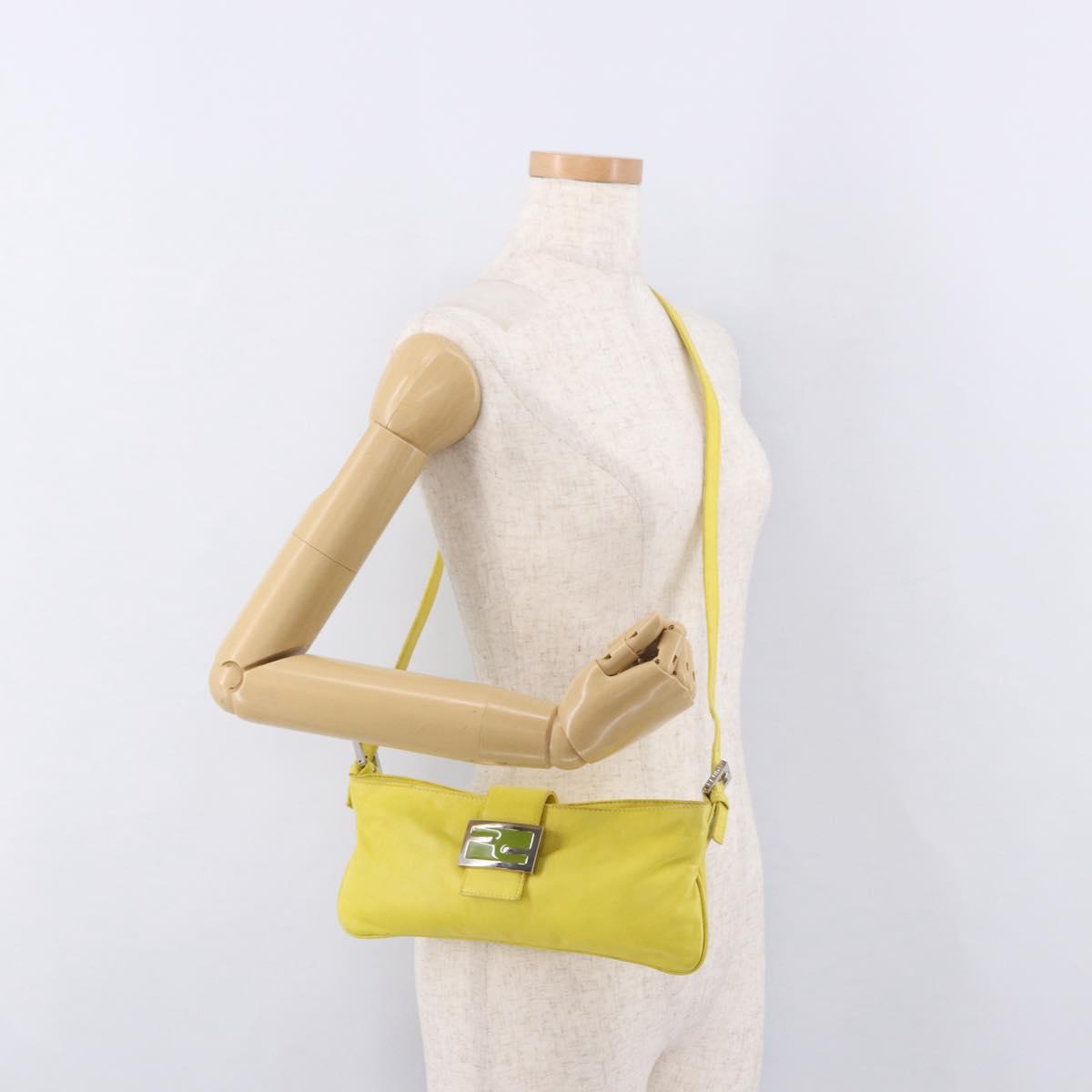 FENDI Mamma Baguette Shoulder Bag Leather Yellow Silver Auth 185657