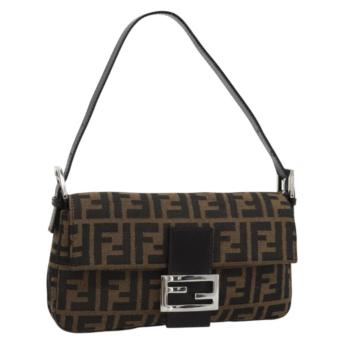FENDI Zucca Canvas Mamma Baguette Shoulder Bag Black Brown Auth 185659SAM