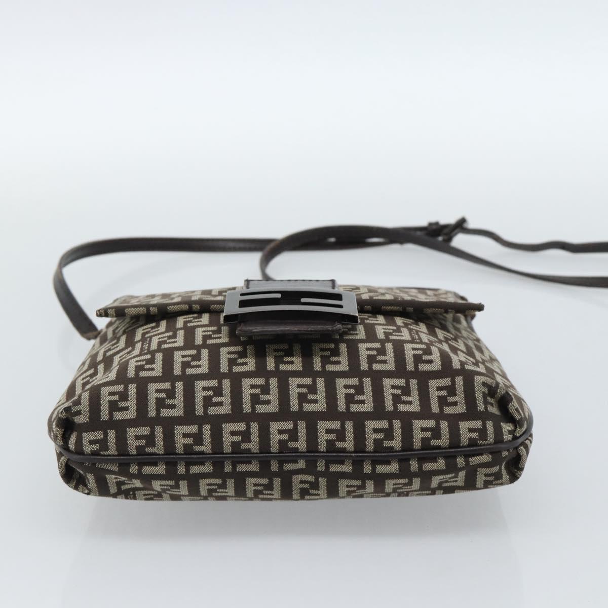 FENDI Zucchino Canvas Shoulder Bag Brown Silver Auth 185660