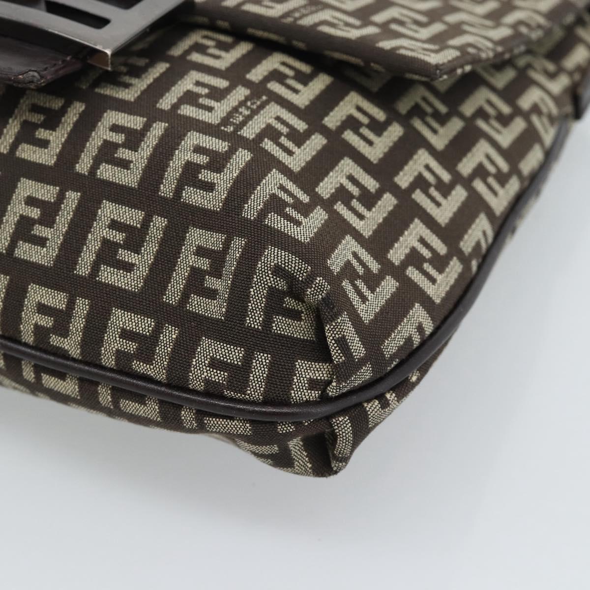 FENDI Zucchino Canvas Shoulder Bag Brown Silver Auth 185660