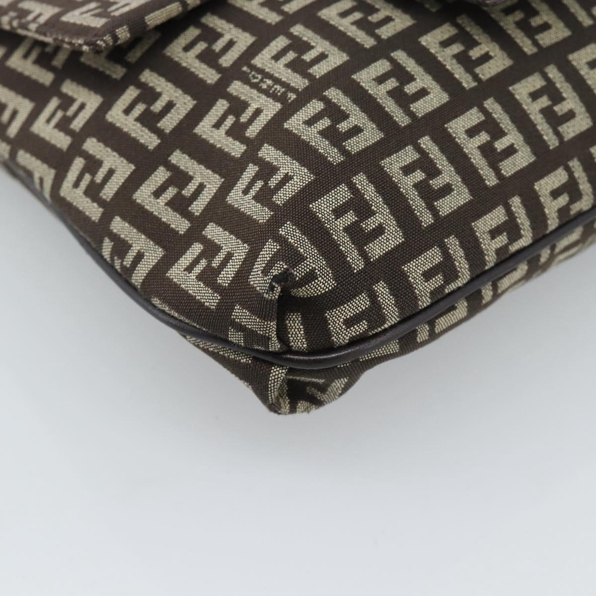 FENDI Zucchino Canvas Shoulder Bag Brown Silver Auth 185660