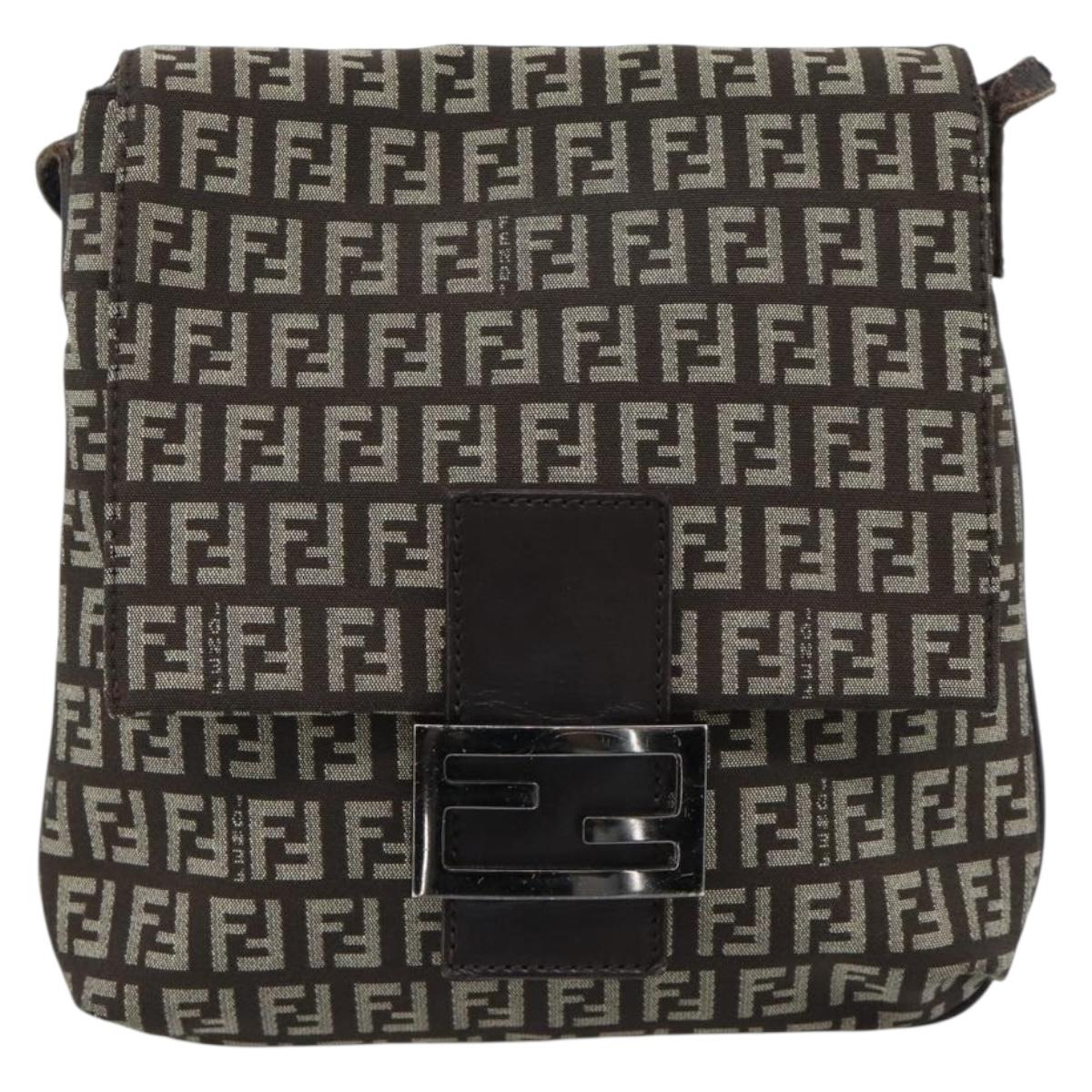 FENDI Zucchino Canvas Shoulder Bag Brown Silver Auth 185660