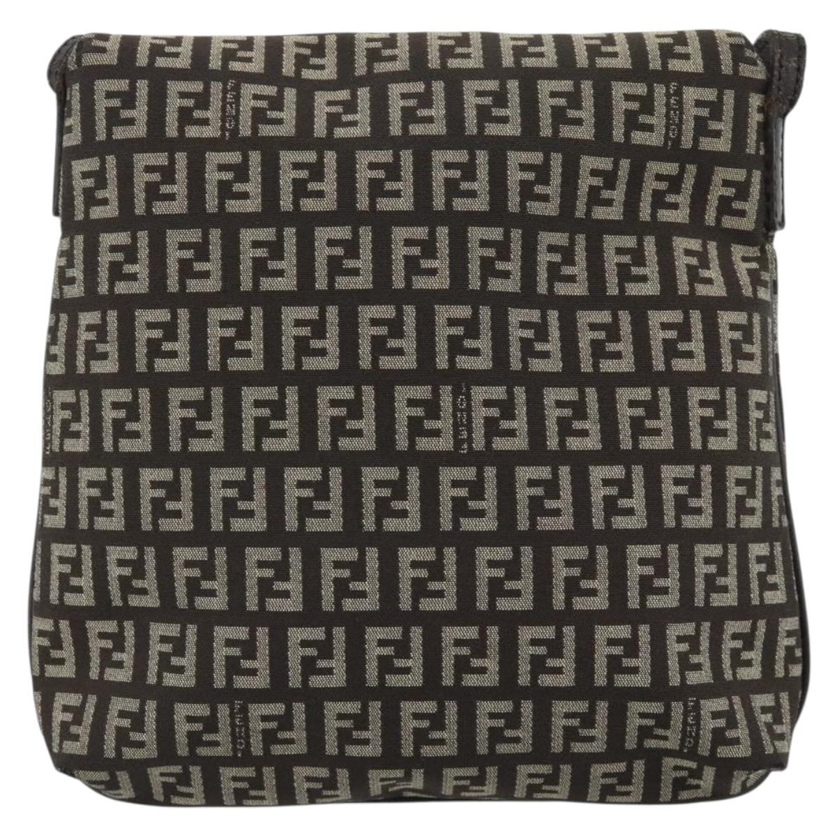 FENDI Zucchino Canvas Shoulder Bag Brown Silver Auth 185660