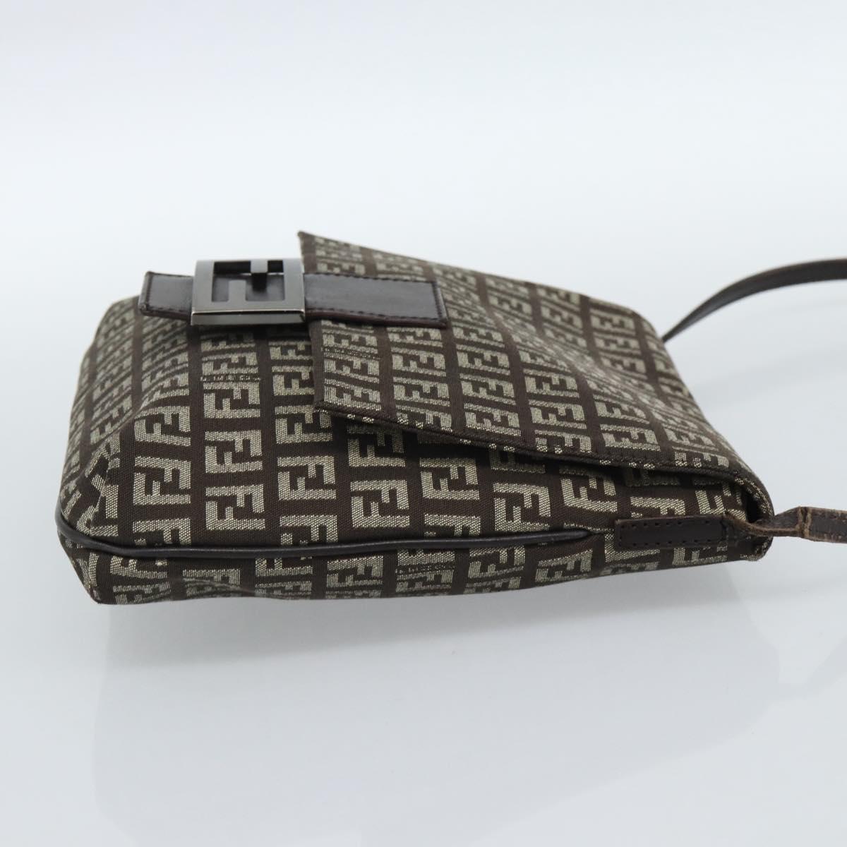 FENDI Zucchino Canvas Shoulder Bag Brown Silver Auth 185660
