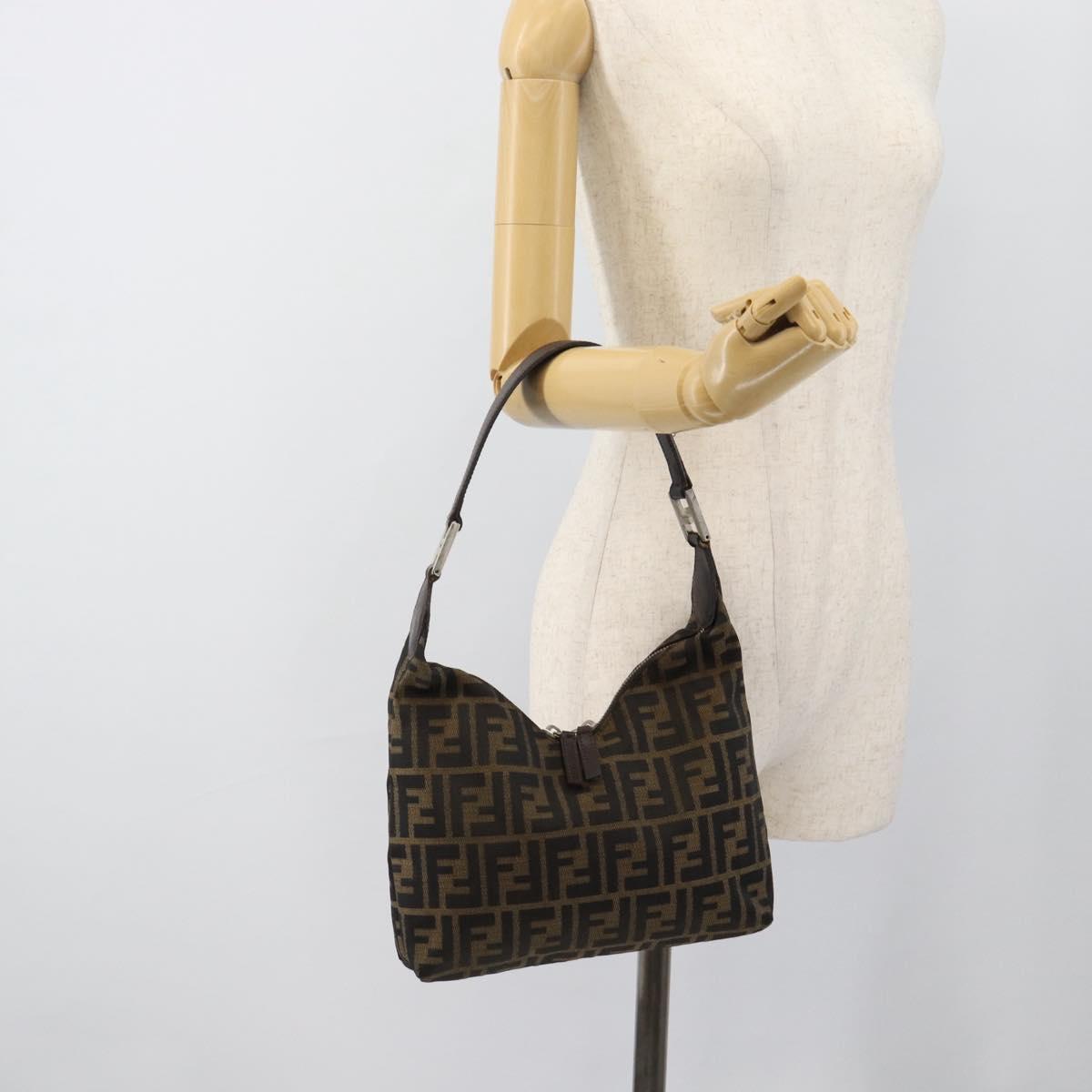 FENDI Zucca Canvas Shoulder Bag Black Brown Auth 185661V