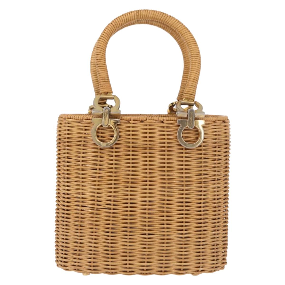 Salvatore Ferragamo Gancini Basket Bag Hand Bag Rattan Brown Gold Auth 185663V