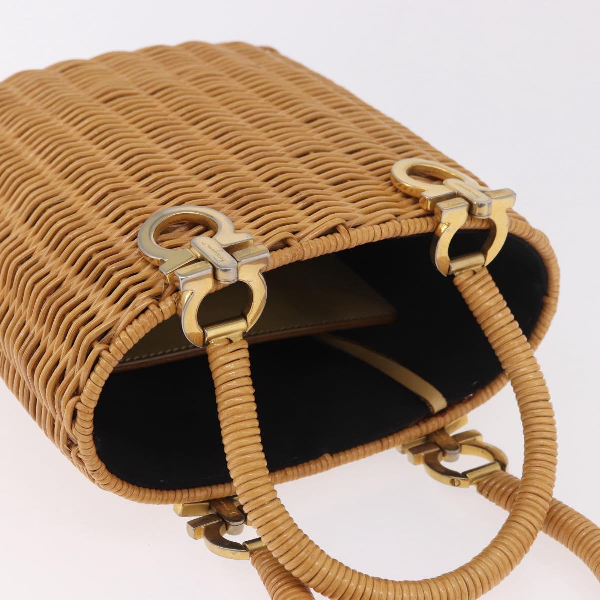 Salvatore Ferragamo Gancini Basket Bag Hand Bag Rattan Brown Gold Auth 185663V