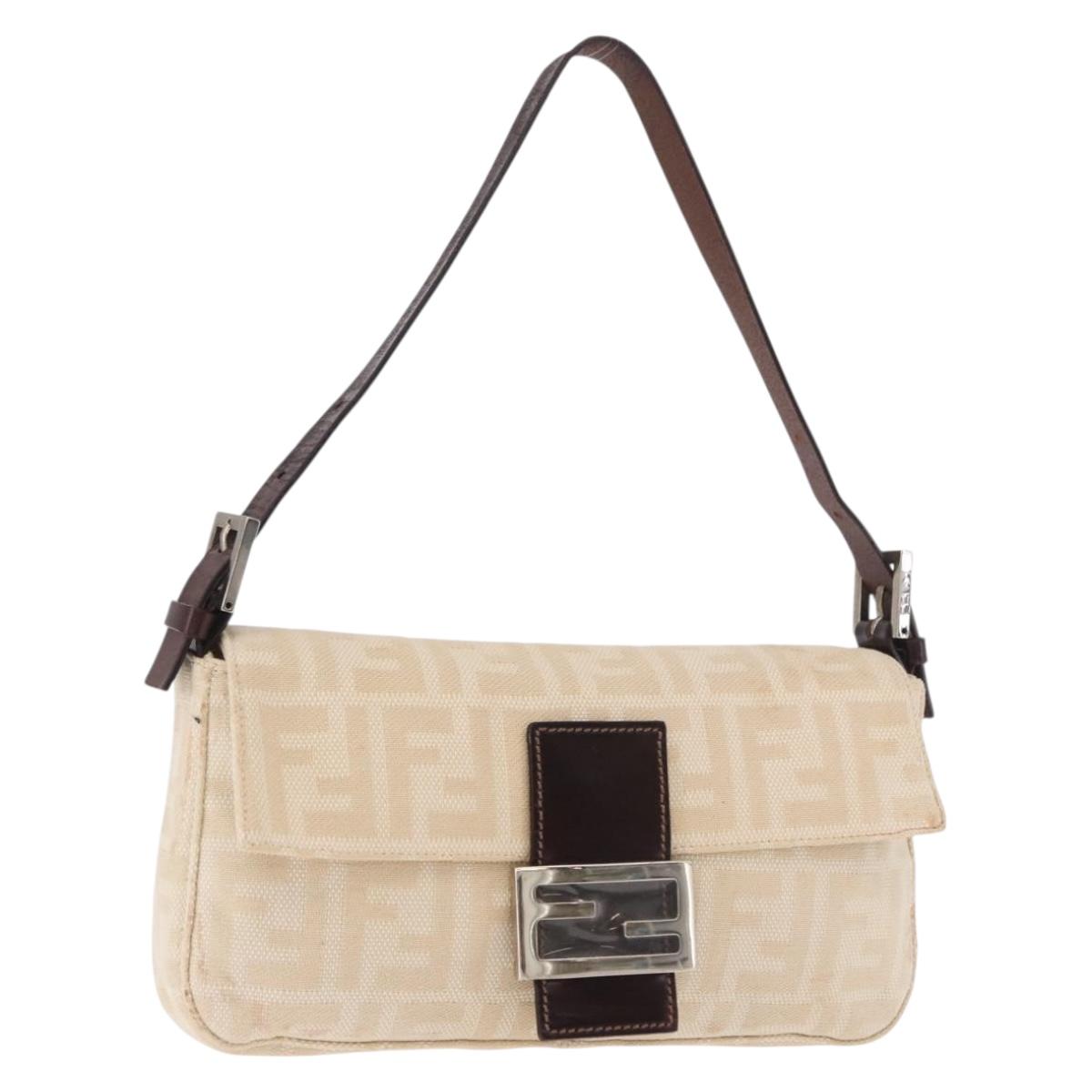 FENDI Zucca Canvas Mamma Baguette Shoulder Bag Beige Silver Auth 185664A
