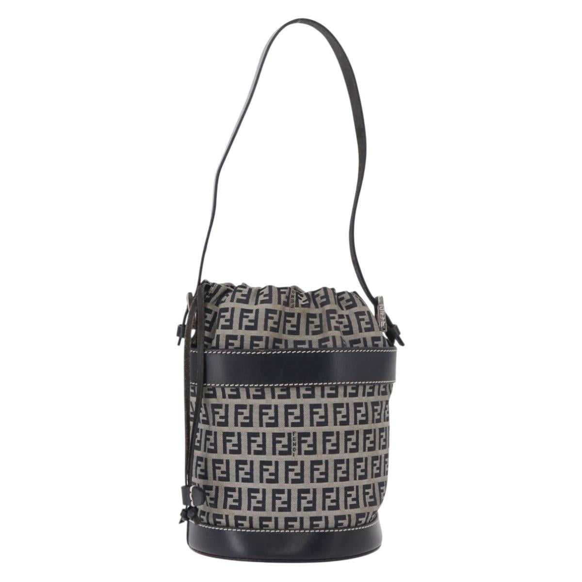 FENDI Zucchino Canvas Purse Shoulder Bag Navy Silver Auth 185672A