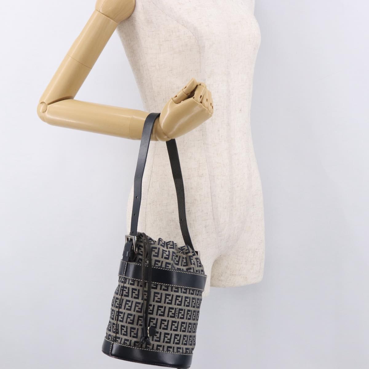 FENDI Zucchino Canvas Purse Shoulder Bag Navy Silver Auth 185672A