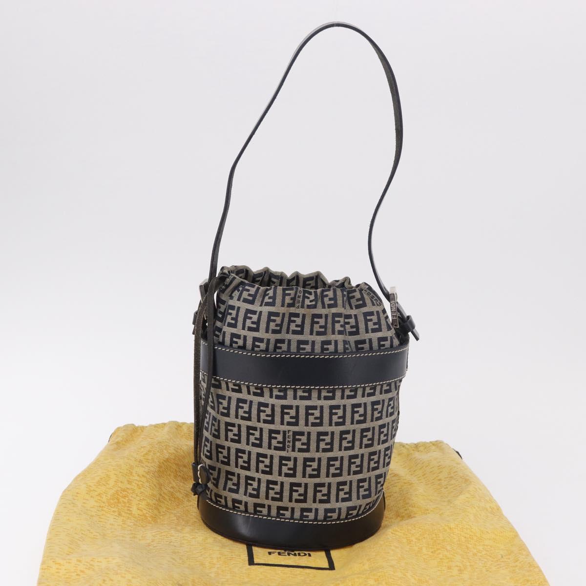 FENDI Zucchino Canvas Purse Shoulder Bag Navy Silver Auth 185672A