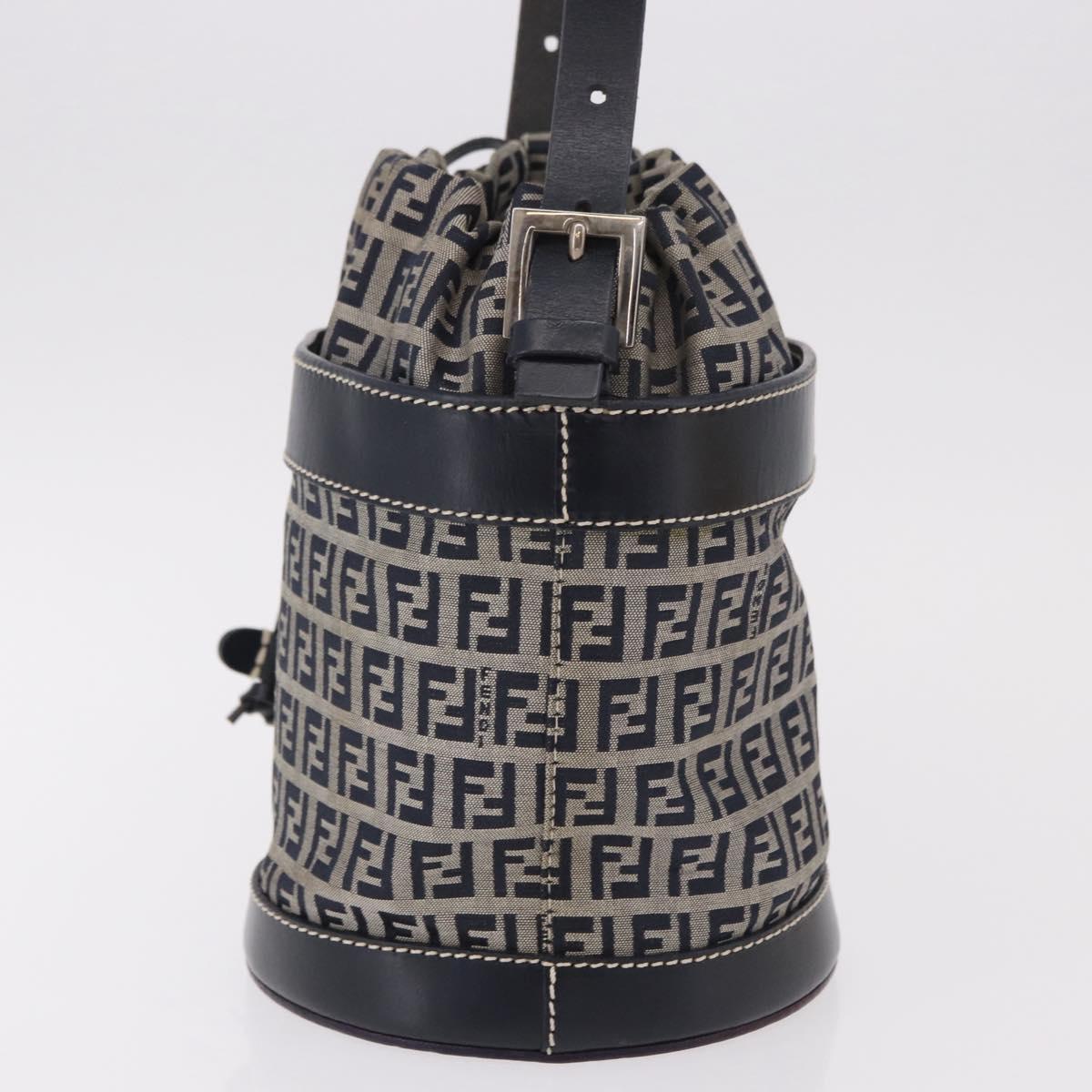 FENDI Zucchino Canvas Purse Shoulder Bag Navy Silver Auth 185672A