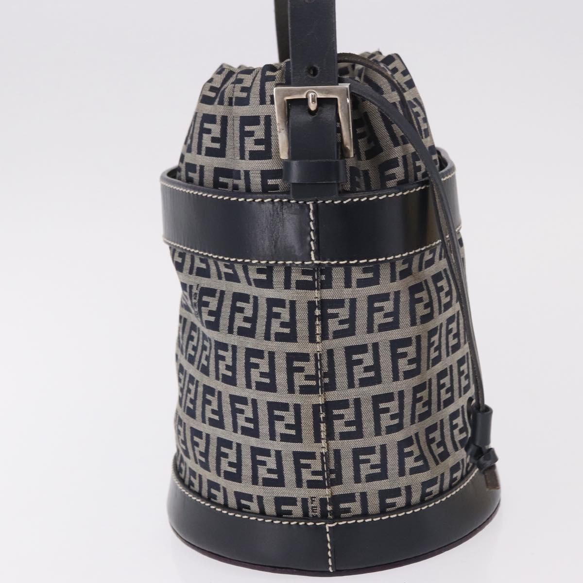 FENDI Zucchino Canvas Purse Shoulder Bag Navy Silver Auth 185672A