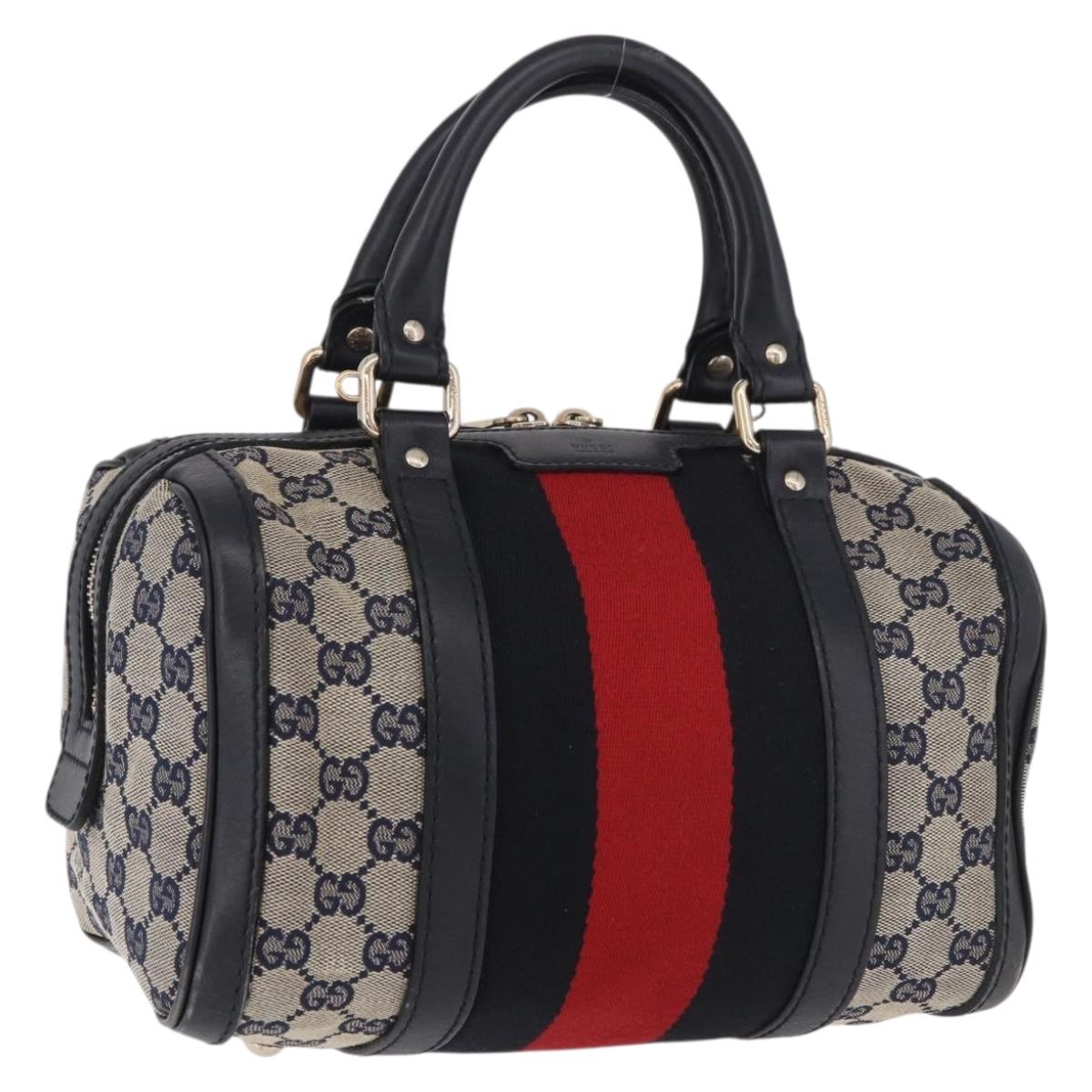 GUCCI GG Canvas Sherry Line Hand Bag Navy Gold 269876 Auth 185673A