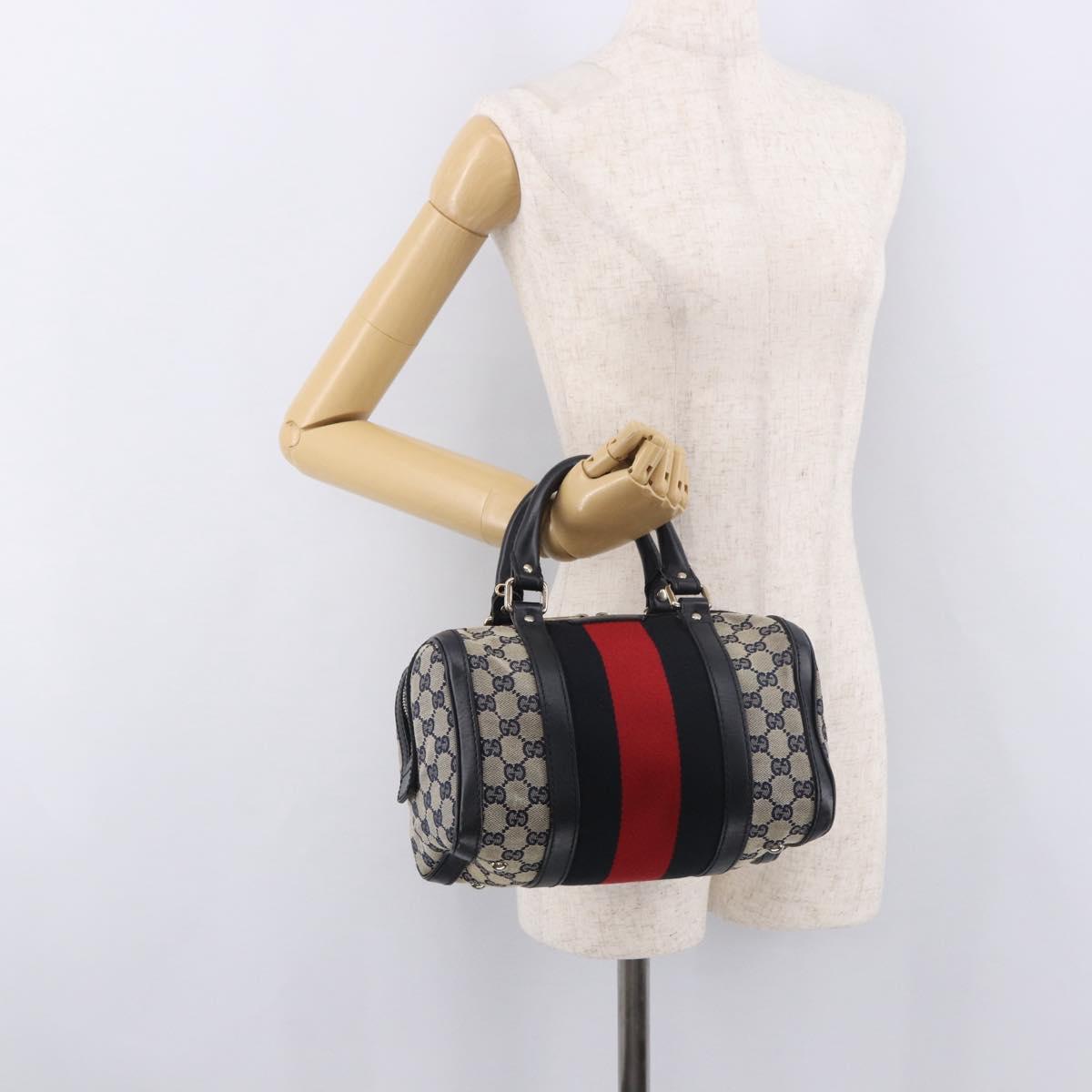 GUCCI GG Canvas Sherry Line Hand Bag Navy Gold 269876 Auth 185673A
