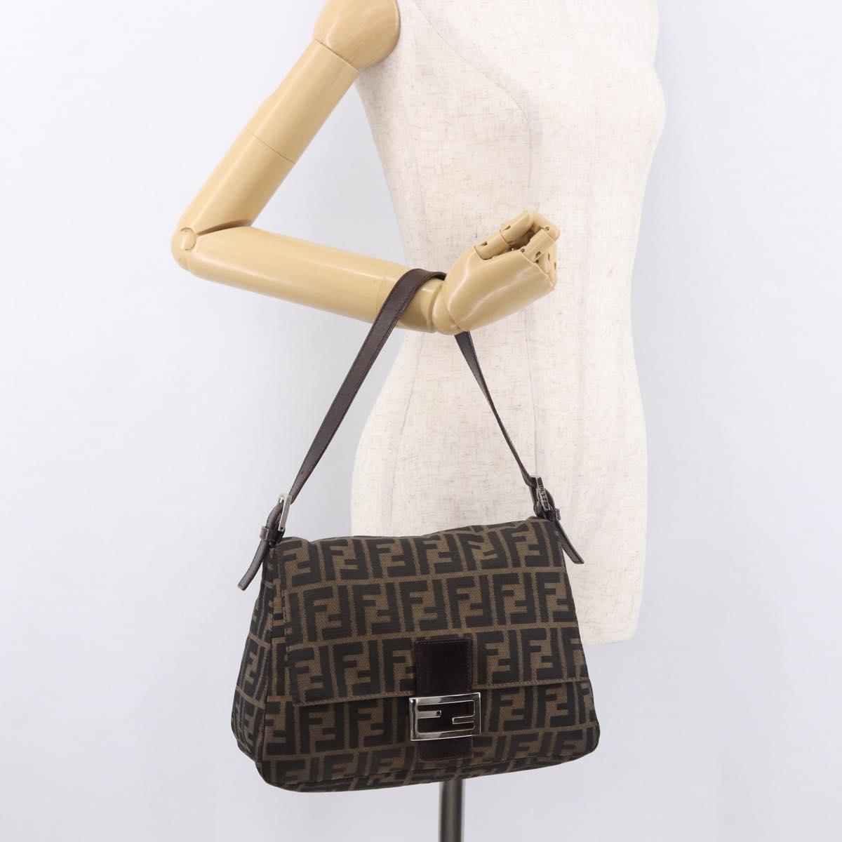 FENDI Zucca Canvas Mamma Baguette Shoulder Bag Black Brown Auth 185682SAV