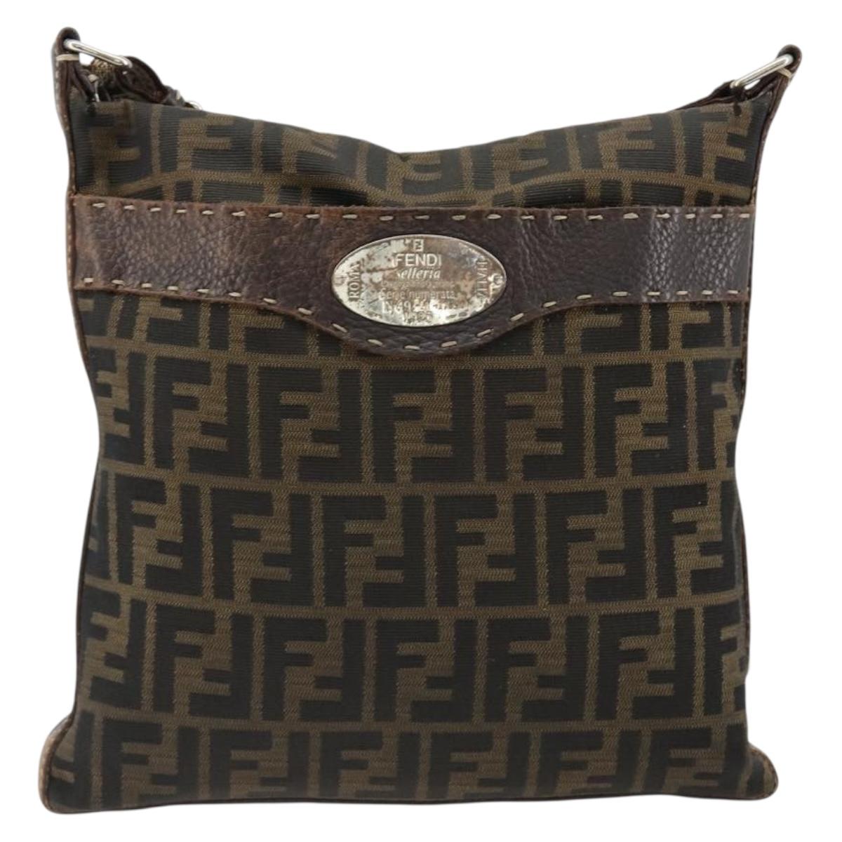 FENDI Zucca Canvas Shoulder Bag Black Brown Auth 185685