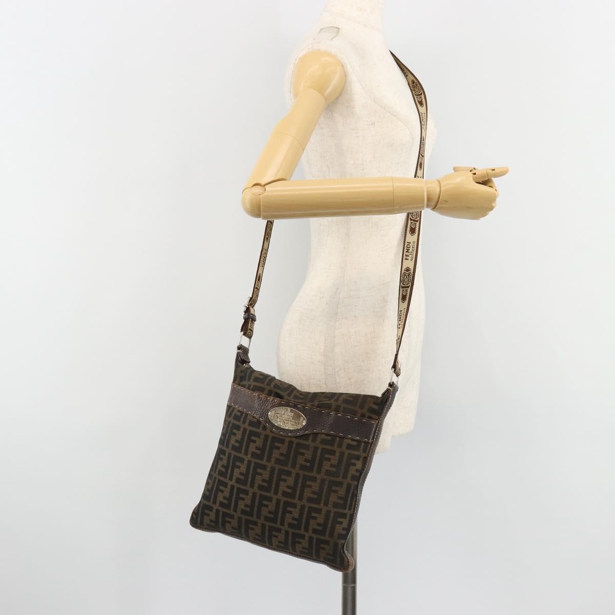 FENDI Zucca Canvas Shoulder Bag Black Brown Auth 185685