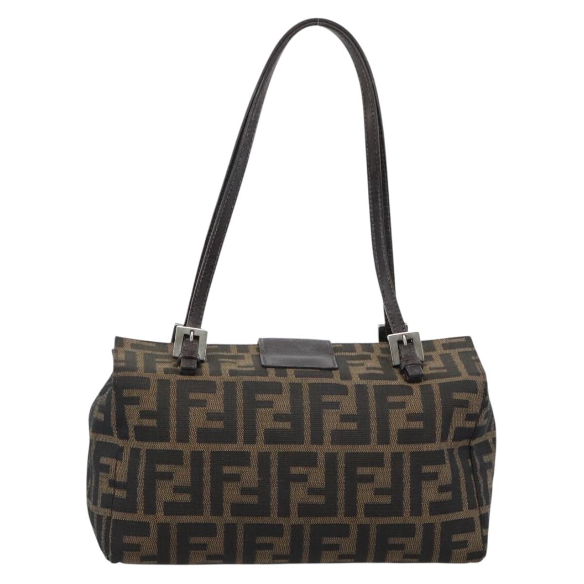 FENDI Zucca Canvas Shoulder Bag Black Brown Auth 185690