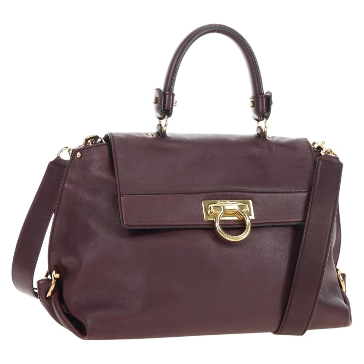 Salvatore Ferragamo Gancini Hand Bag Leather 2way Purple Gold Auth 185691A