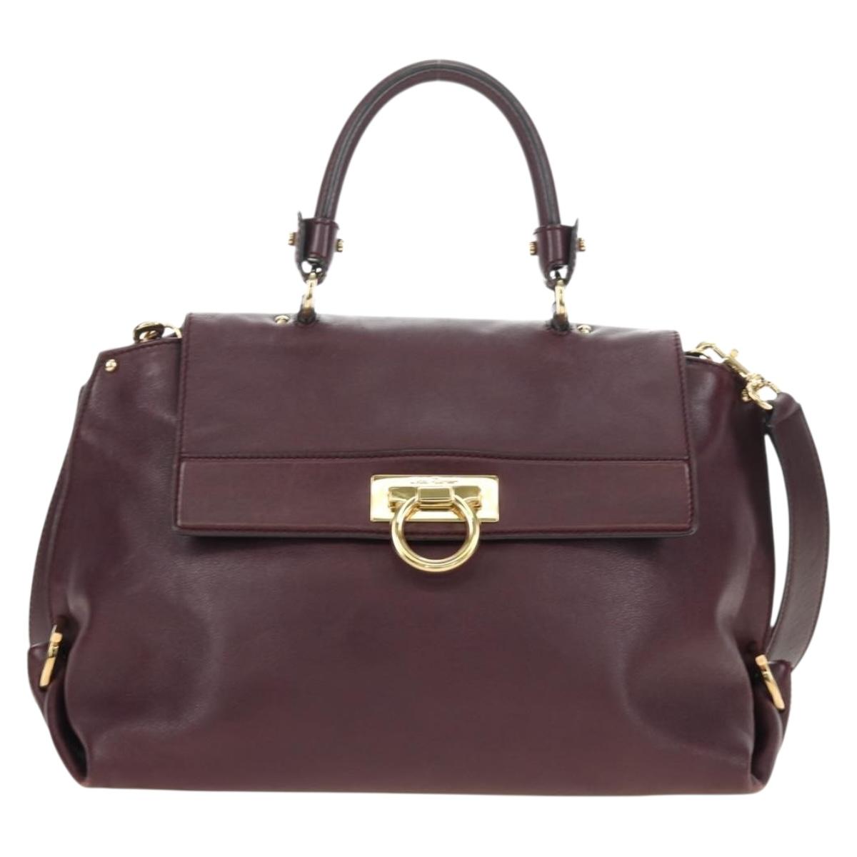 Salvatore Ferragamo Gancini Hand Bag Leather 2way Purple Gold Auth 185691A
