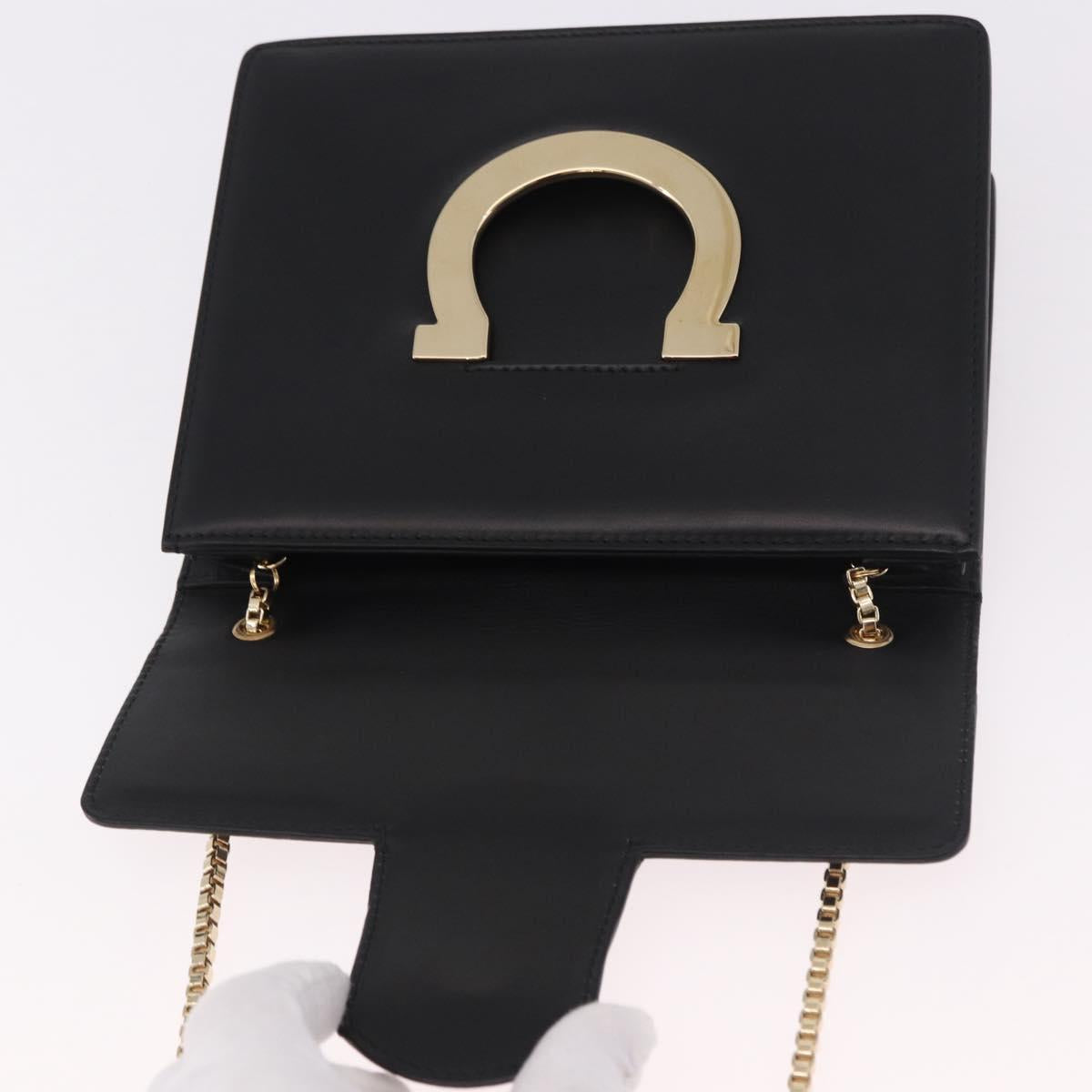 Salvatore Ferragamo Gancini Chain Shoulder Bag Leather Black Gold Auth 185725A