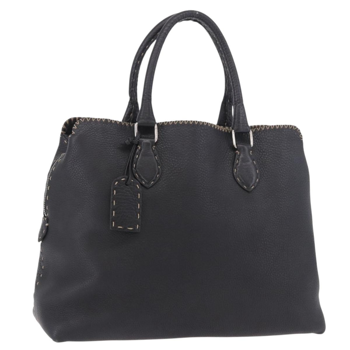 FENDI Celeria Tote Bag Leather Black Silver Auth 185726A