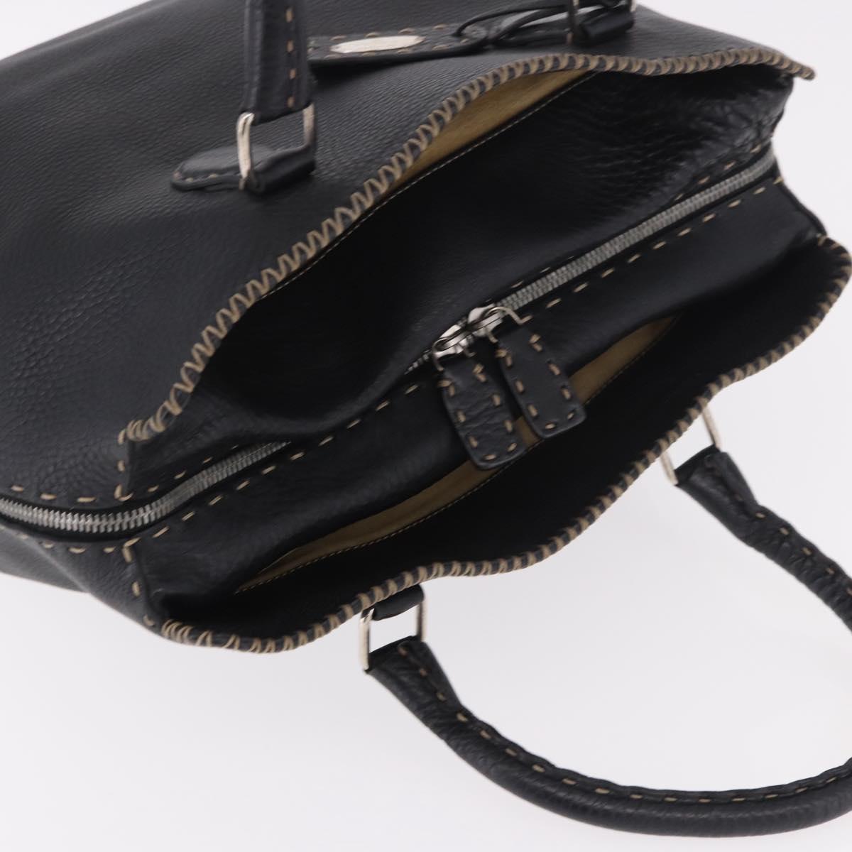 FENDI Celeria Tote Bag Leather Black Silver Auth 185726A