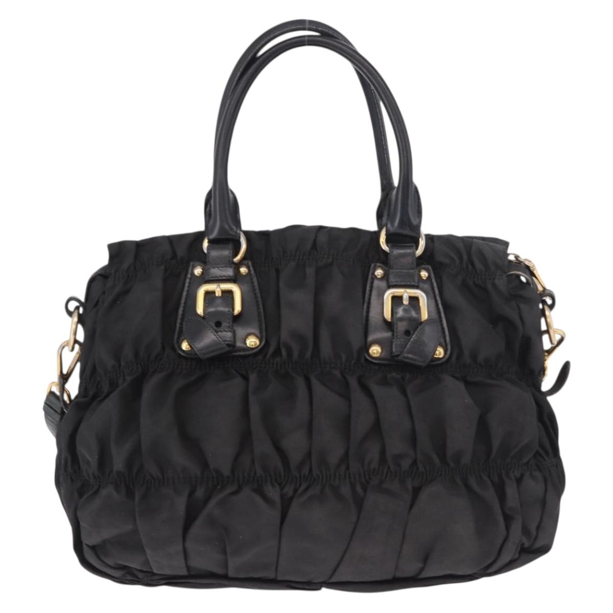 PRADA Hand Bag Nylon 2way Black Gold Auth 185729