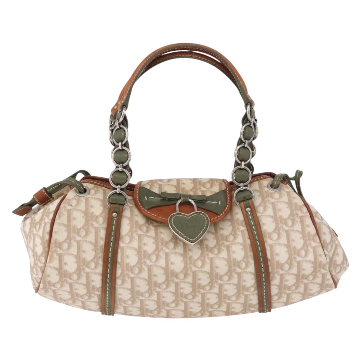 Christian Dior Trotter Canvas Romantic Hand Bag PVC Beige Silver Auth 185730SAV