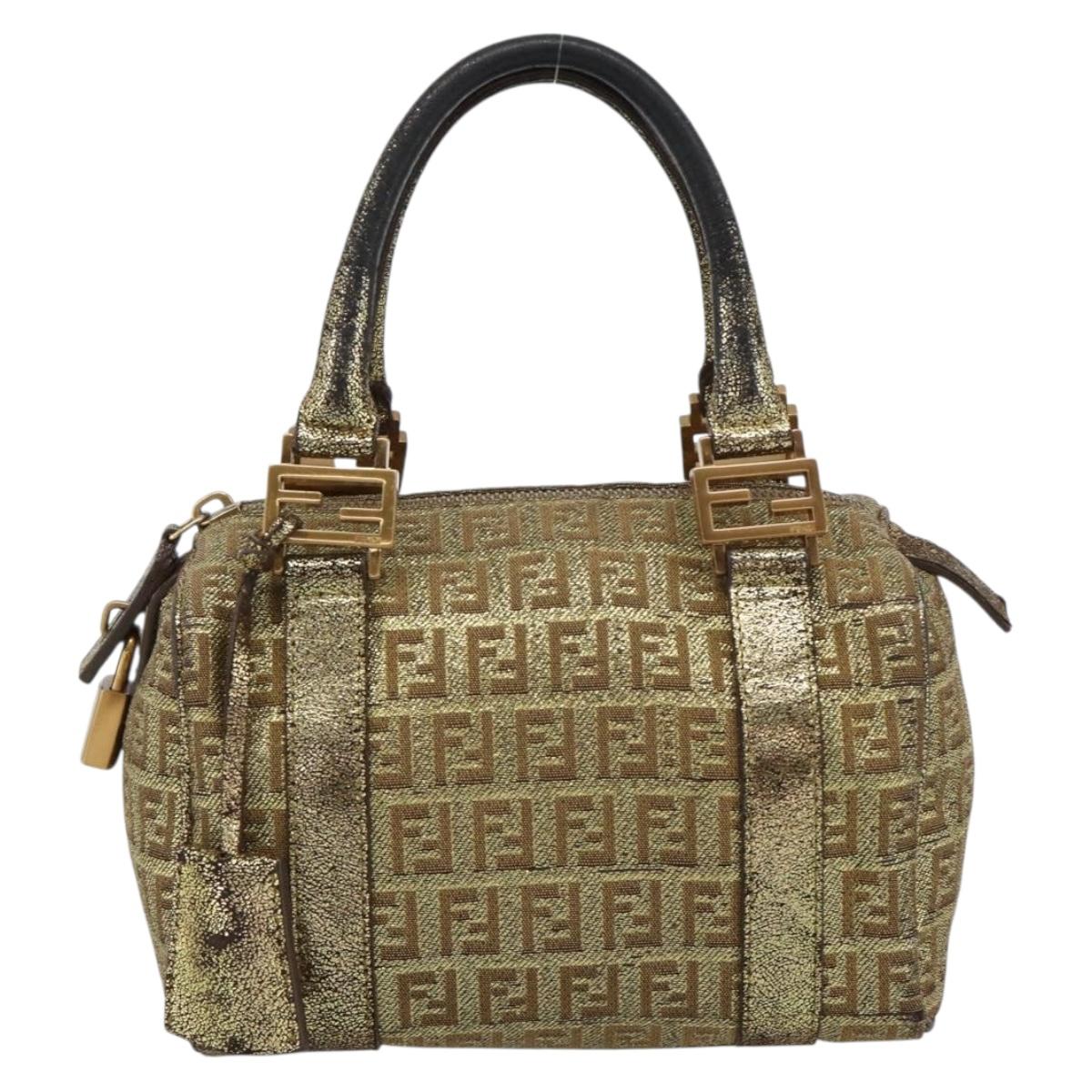 FENDI Zucchino Canvas Hand Bag Gold Auth 185735