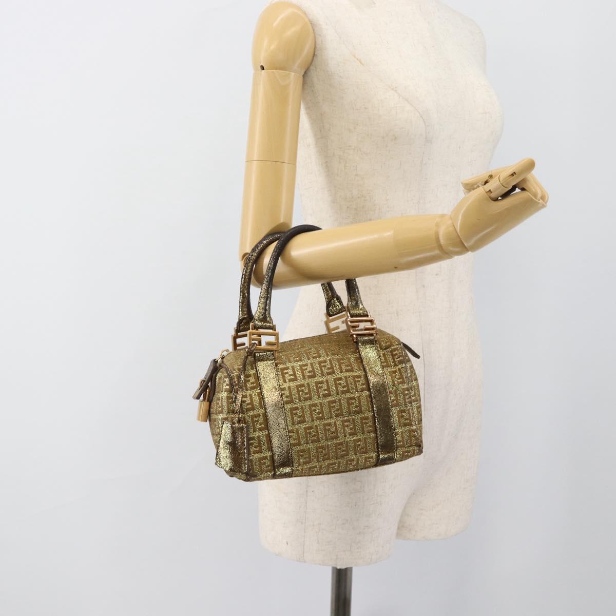 FENDI Zucchino Canvas Hand Bag Gold Auth 185735