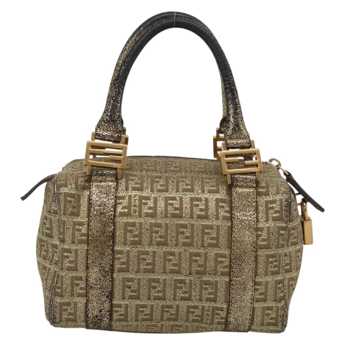 FENDI Zucchino Canvas Hand Bag Gold Auth 185735