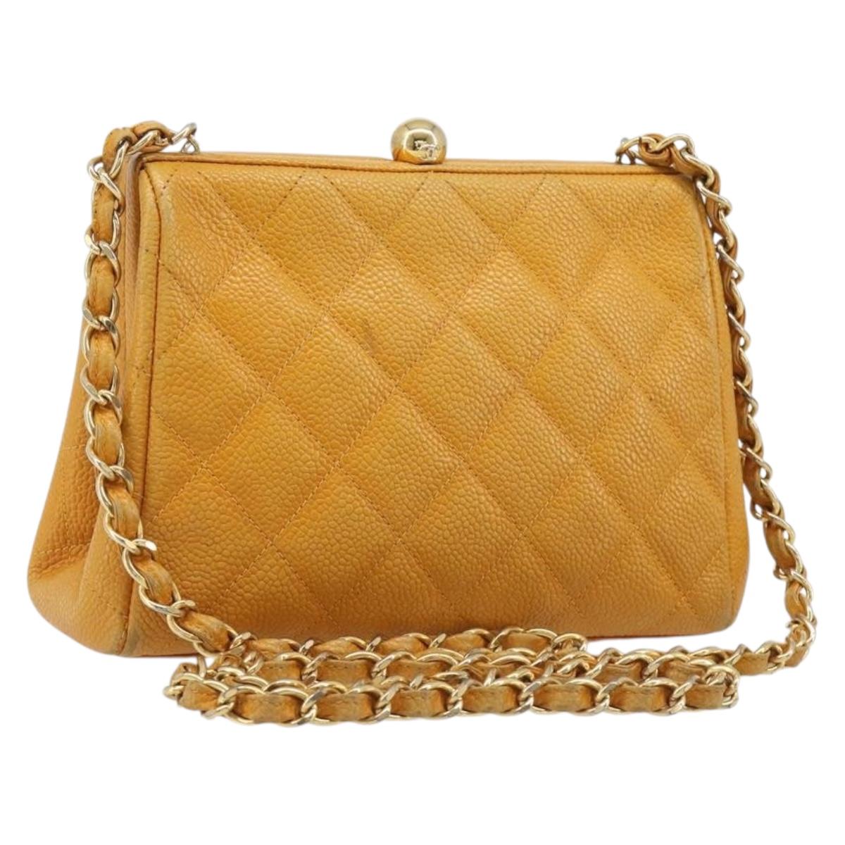 CHANEL Matelasse Chain Shoulder Bag Caviar Skin Yellow Gold CC Auth 185743