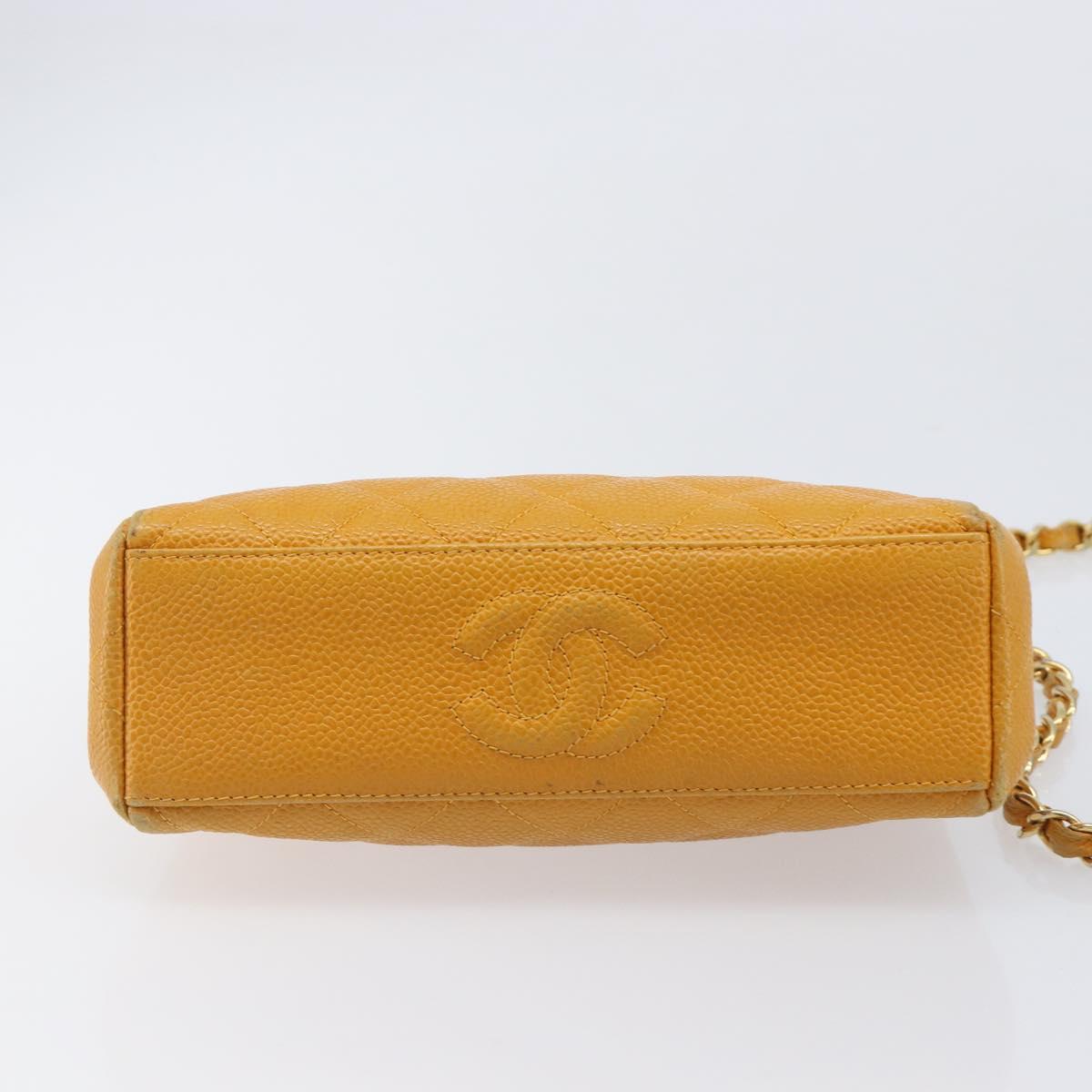 CHANEL Matelasse Chain Shoulder Bag Caviar Skin Yellow Gold CC Auth 185743