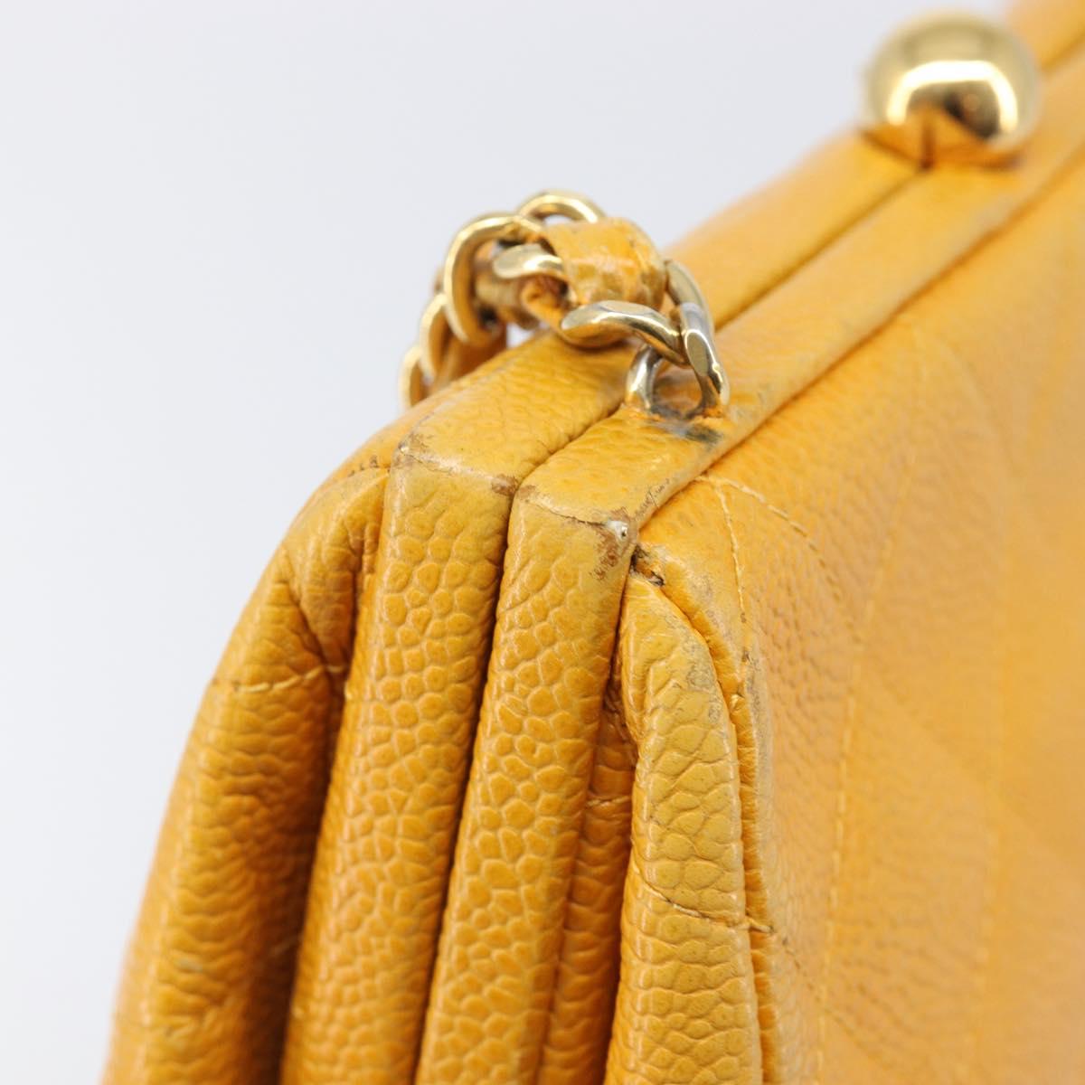 CHANEL Matelasse Chain Shoulder Bag Caviar Skin Yellow Gold CC Auth 185743