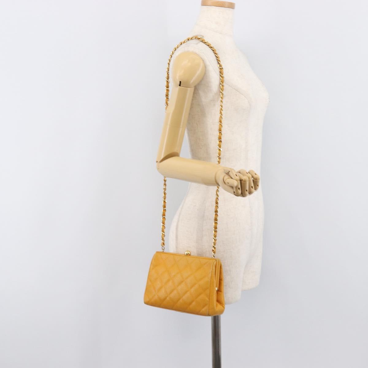 CHANEL Matelasse Chain Shoulder Bag Caviar Skin Yellow Gold CC Auth 185743