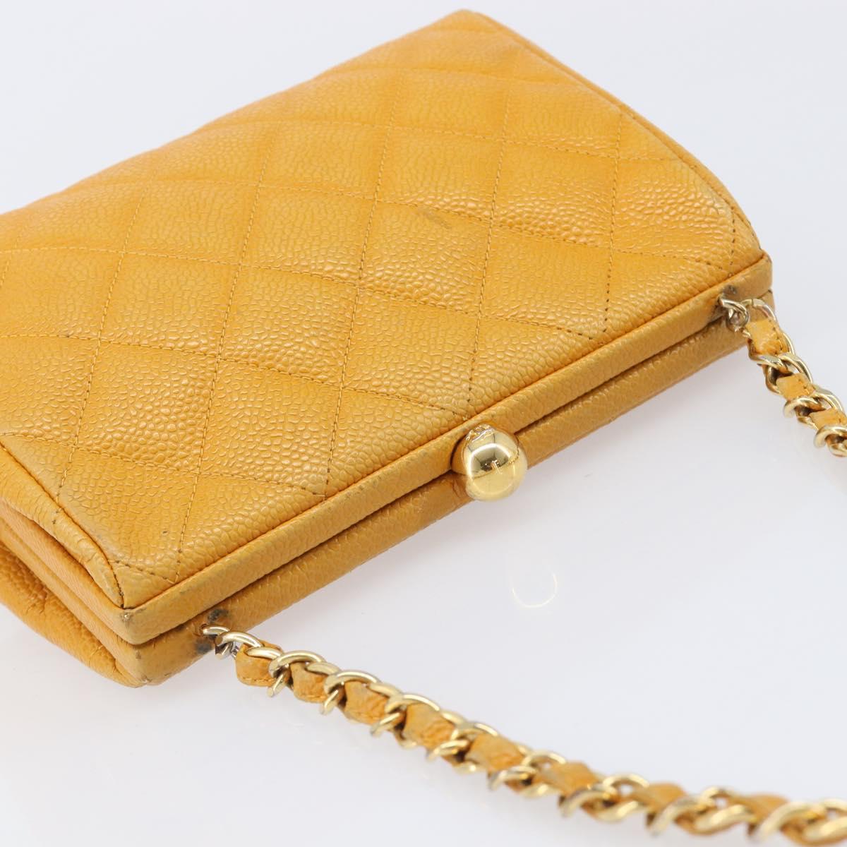 CHANEL Matelasse Chain Shoulder Bag Caviar Skin Yellow Gold CC Auth 185743