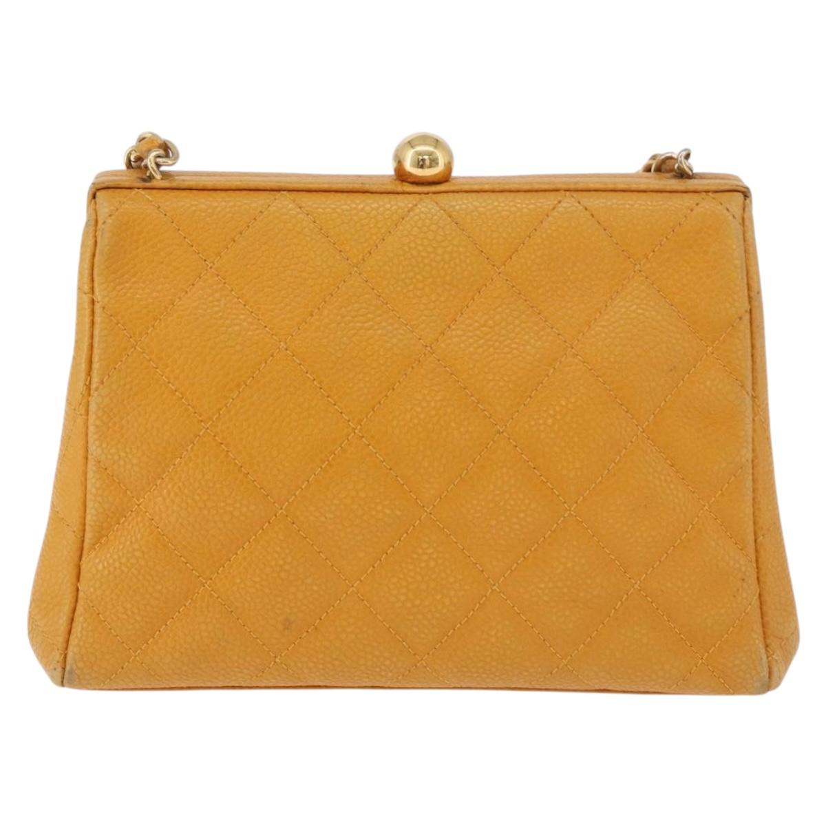 CHANEL Matelasse Chain Shoulder Bag Caviar Skin Yellow Gold CC Auth 185743A