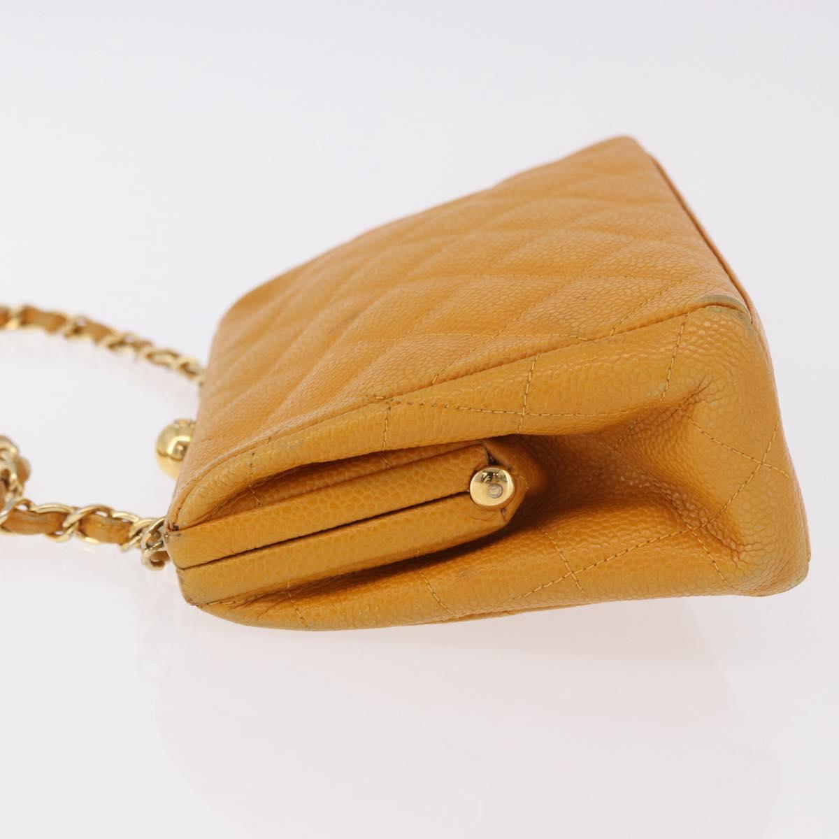 CHANEL Matelasse Chain Shoulder Bag Caviar Skin Yellow Gold CC Auth 185743A