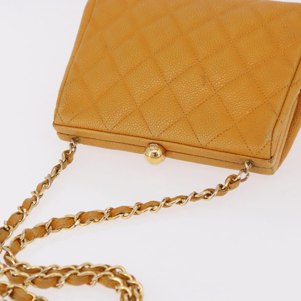CHANEL Matelasse Chain Shoulder Bag Caviar Skin Yellow Gold CC Auth 185743A