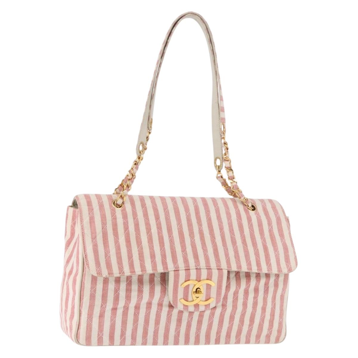 CHANEL Big Matelasse Chain Shoulder Bag Canvas Pink Gold CC Auth 185745SAV
