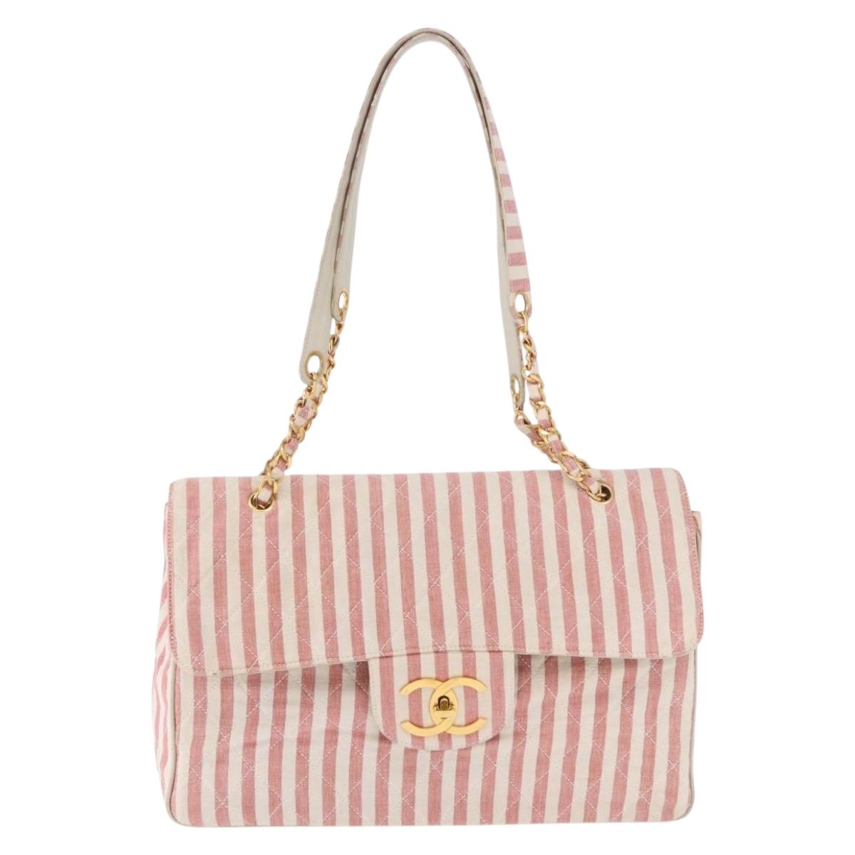 CHANEL Big Matelasse Chain Shoulder Bag Canvas Pink Gold CC Auth 185745SAV